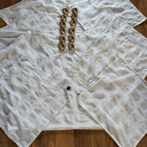 Tahari Home White & Gold Metallic Stripe Table Linens Set 8 Gold Napkin Rings